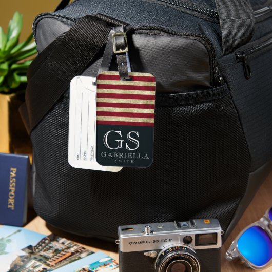 Blue Red White Strip Monogram Name USA Travel Gepäckanhänger (Vorderseite & Rückseite)