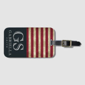 Blue Red White Strip Monogram Name USA Travel Gepäckanhänger (Vorderseite (Horizontal))