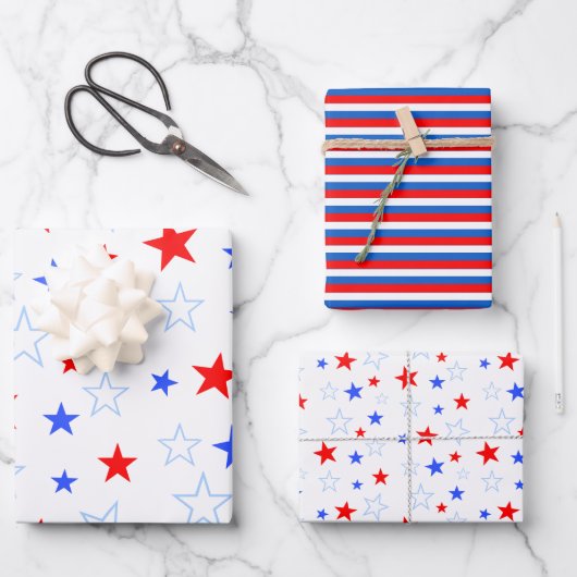 Blue Red White US Flagge Wrapping Paper Geschenkpapier Set (Vorderseite)