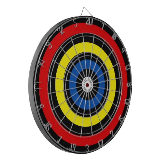 Blue Red & Yellow Circles auf schwarz Dartscheibe (Vorderseite Links)