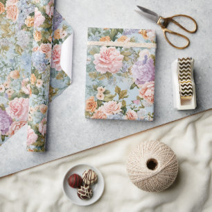 Blue Regency Floral Vintage Rose & Hydrangeas Geschenkpapier