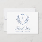 Blue Regency Floral Wappen Monogram Wedding Dankeskarte (Vorderseite)