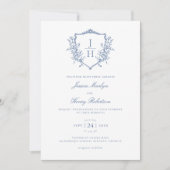 Blue Regency Floral Wappen Monogram Wedding Einladung (Vorderseite)