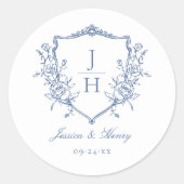 Blue Regency Floral Wappen Monogram Wedding Runder Aufkleber (Vorderseite)