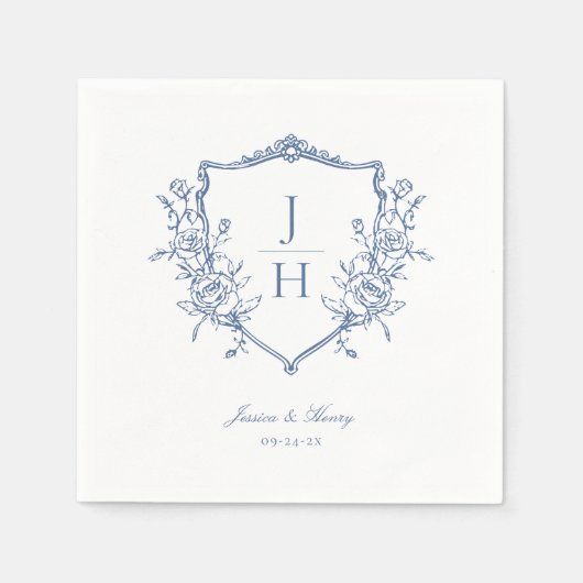 Blue Regency Floral Wappen Monogram Wedding Serviette (Vorderseite)