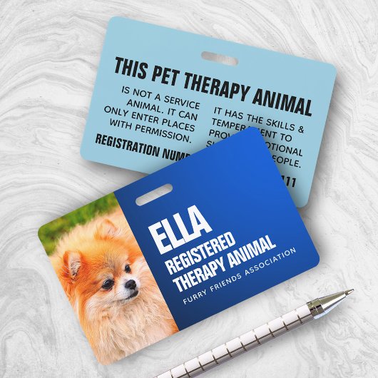 Blue Registered Therapy Animal Custom Photo ID Ausweis