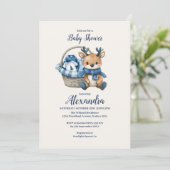 Blue Reindeer Basket Baby Dusche Einladung (Stehend Vorderseite)