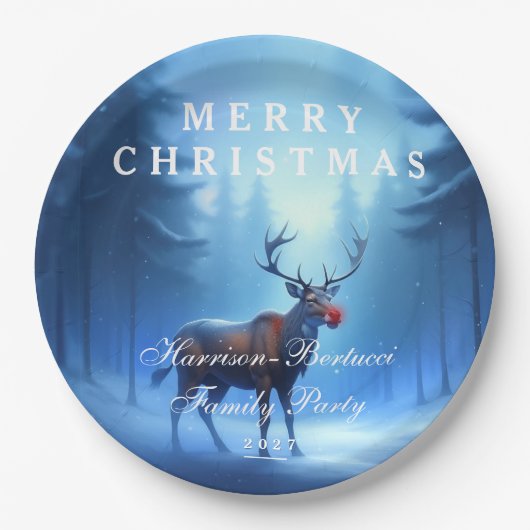 Blue Reindeer Merry Christmas Family Party Pappteller (Vorderseite)