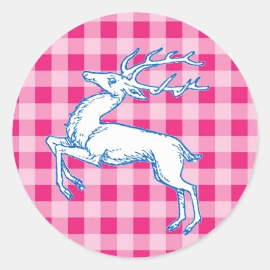 Blue Reindeer Pink Gingham Runder Aufkleber (Vorderseite)