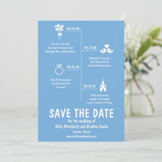 Blue Relation Timeline Wedding Save the Date (Stehend Vorderseite)