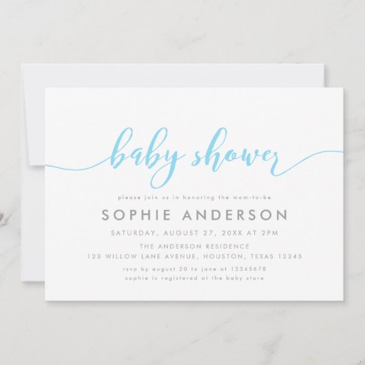Blue Relax Script Baby Dusche Einladung (Vorderseite)