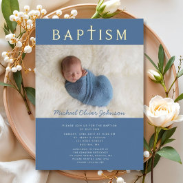 Blue Religious Cross Boy Baptism Foto Gold Folieneinladung