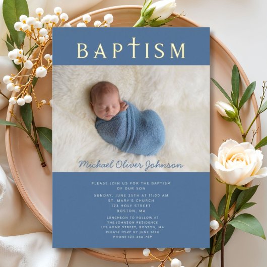 Blue Religious Cross Boy Baptism Foto Gold Folieneinladung