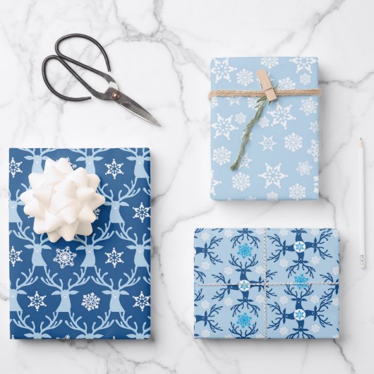 Blue Rentier Weihnachtsmuster Geschenkpapier Set (Vorderseite)