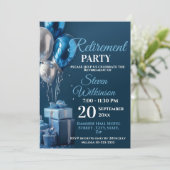 Blue Retirement Party Ballon Geschenke Einladung (Stehend Vorderseite)