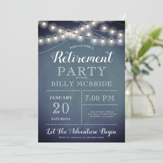 Blue Retirement Party String Lights Einladung (Stehend Vorderseite)