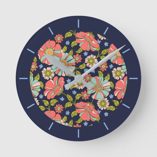 Blue Retro 70er Floral Pattern Runde Wanduhr (Vorderseite)