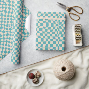 Blue Retro 70er Groovy Wavy-Checkered Pattern Geschenkpapier