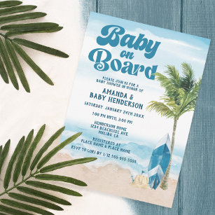Blue Retro Baby on board Surf Baby Dusche Einladung
