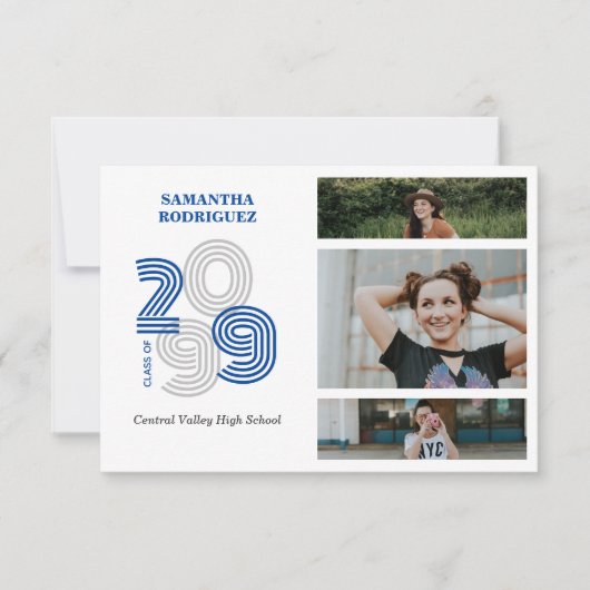 Blue Retro Big Numbers 3-Photo Graduation Einladung (Vorderseite)