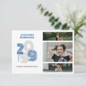 Blue Retro Big Numbers 3-Photo Graduation Einladung (Stehend Vorderseite)