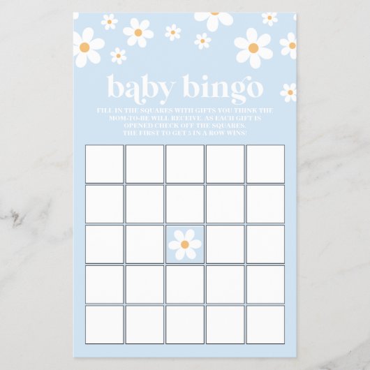Blue Retro Daisy Baby Shower Bingo Flyer (Vorne)