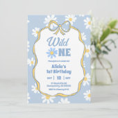 Blue Retro Daisy Coquette 1st Birthday Invitation Einladung (Stehend Vorderseite)