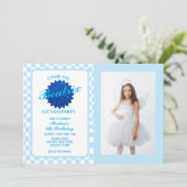 Blue Retro Doll Foto Geburtstag Einladung (Stehend Vorderseite)