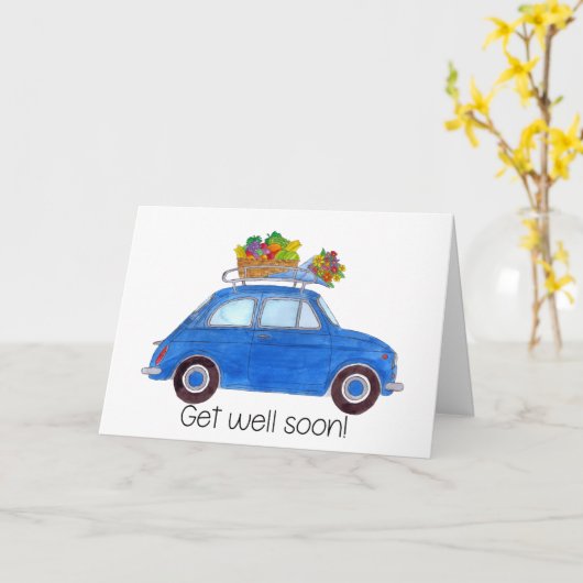Blue Retro Fiat 500 Erhalten Sie sich gut Karte (Gelbe Blume)