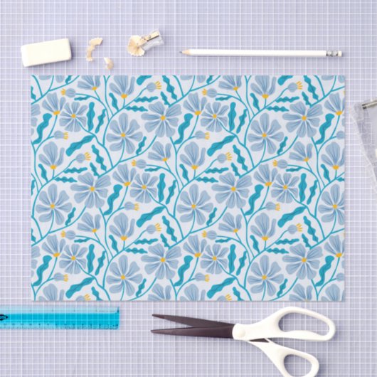 Blue Retro Floral Pattern Seidenpapier (Handwerk)