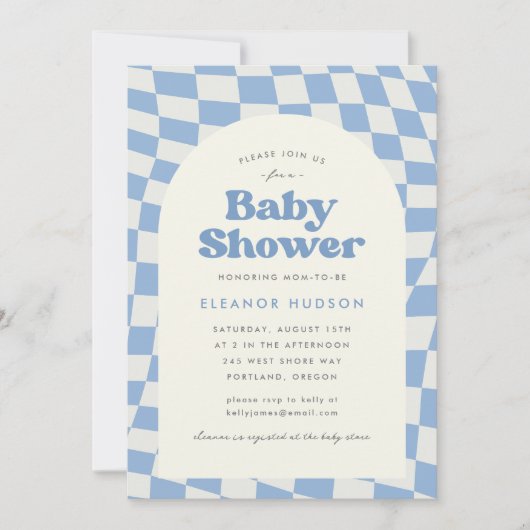 Blue Retro Groovy 70er Checkerboard Babydusche Einladung (Vorderseite)