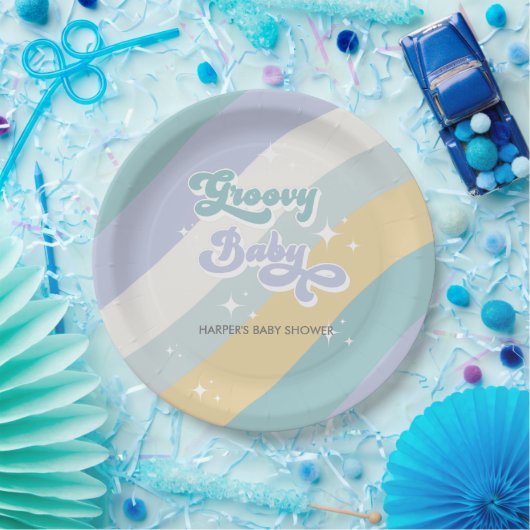 Blue Retro Groovy Baby Dusche Pappteller (Party)