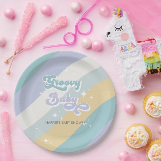 Blue Retro Groovy Baby Dusche Pappteller (Party)