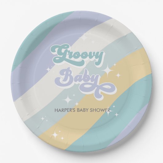 Blue Retro Groovy Baby Dusche Pappteller (Vorderseite)