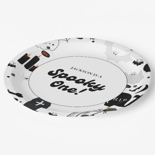 Blue Retro Grooy Spooky Ein Halloween 1. Geburtsta Pappteller (Schrägansicht)