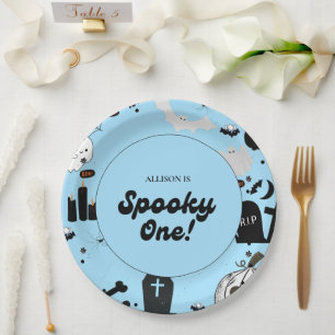 Blue Retro Grooy Spooky Ein Halloween 1. Geburtsta Pappteller