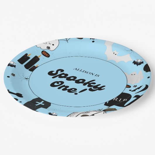 Blue Retro Grooy Spooky Ein Halloween 1. Geburtsta Pappteller (Schrägansicht)