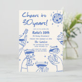 Blue Retro Hand Drawn Funky 30. Geburtstag Einladung (Stehend Vorderseite)