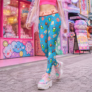 Blue Retro Japanisch Maneki Neko Cat und Geisha Leggings