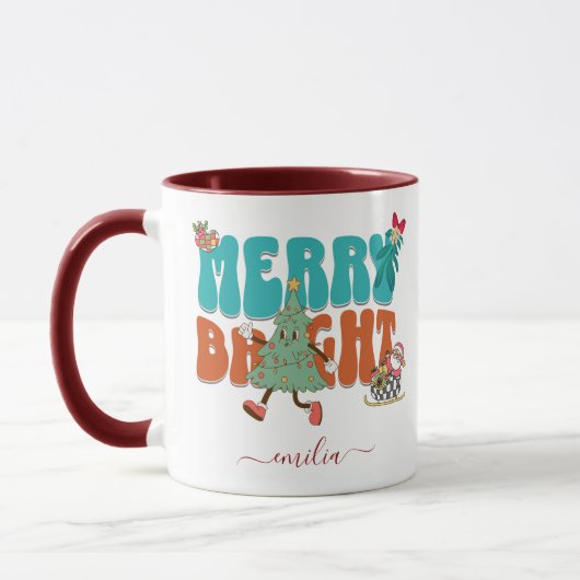 Blue Retro Merry Bright Name Weihnachtsbaum Tasse (Links)