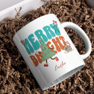 Blue Retro Merry Bright Name Weihnachtsbaum Tasse