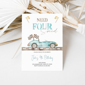 Blue Retro Race Car Birthday Einladung