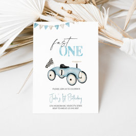 Blue Retro Race Car Race On Birthday Einladung