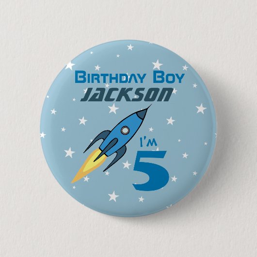 Blue Retro Raketenschiff Personalisiert Geburtstag Button (Vorderseite)