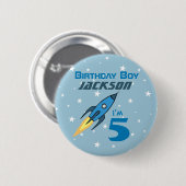 Blue Retro Raketenschiff Personalisiert Geburtstag Button (Vorne & Hinten)