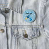 Blue Retro Raketenschiff Personalisiert Geburtstag Button (Beispiel)