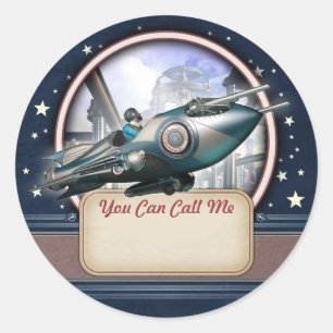 Blue Retro Rocket Name Aufkleber