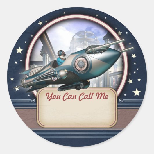 Blue Retro Rocket Name Aufkleber (Vorderseite)