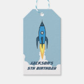 Blue Retro Rocket Ship Personalisierter Geburtstag Geschenkanhänger (Vorderseite)