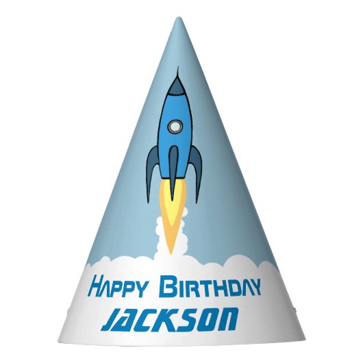 Blue Retro Rocket Ship Personalisierter Geburtstag Partyhütchen (Vorderseite)